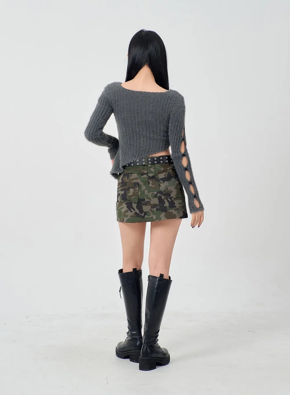 Cut Out Button Sleeve Cropped Knit Top BD23
