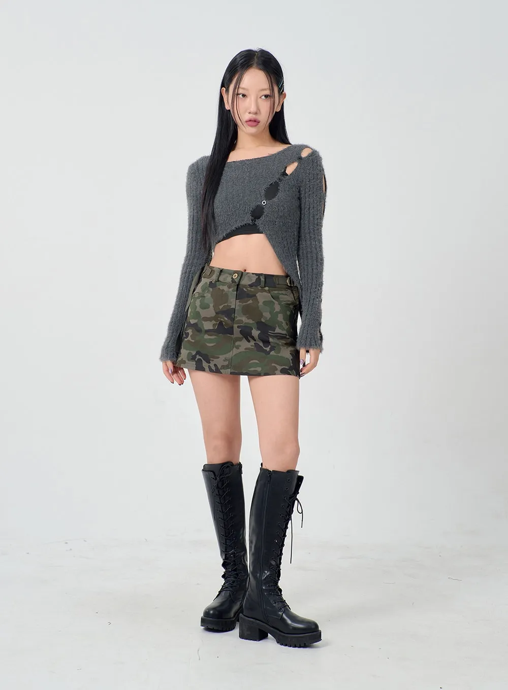 Cut Out Button Sleeve Cropped Knit Top BD23