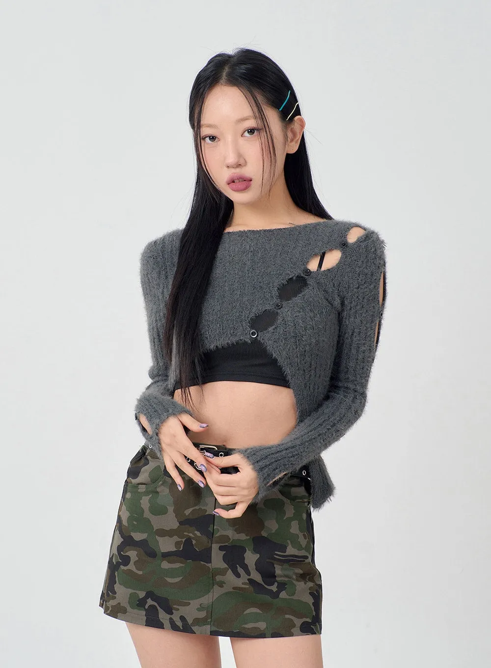 Cut Out Button Sleeve Cropped Knit Top BD23