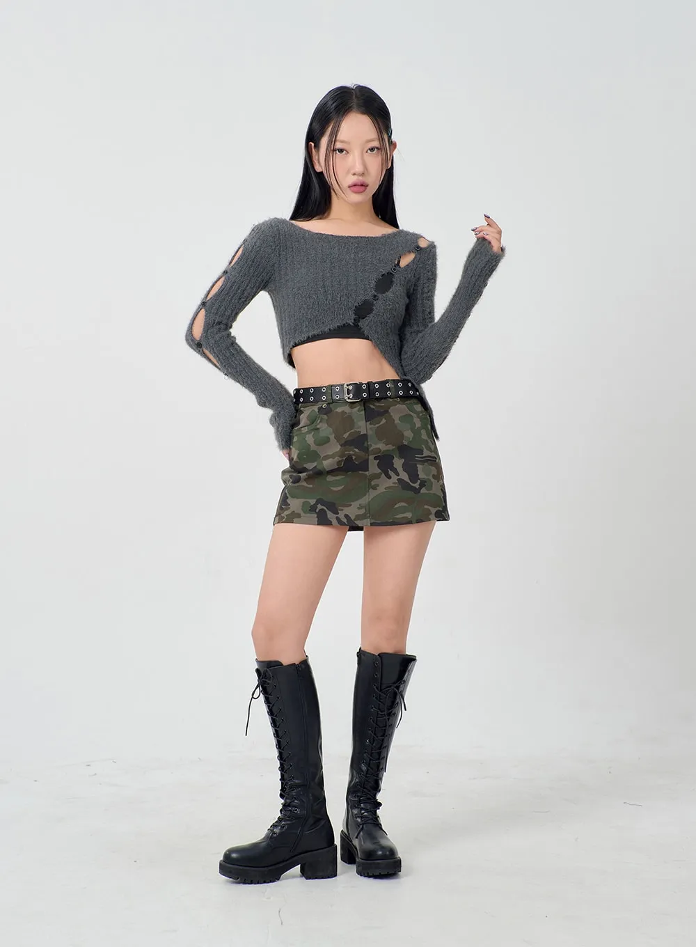 Cut Out Button Sleeve Cropped Knit Top BD23