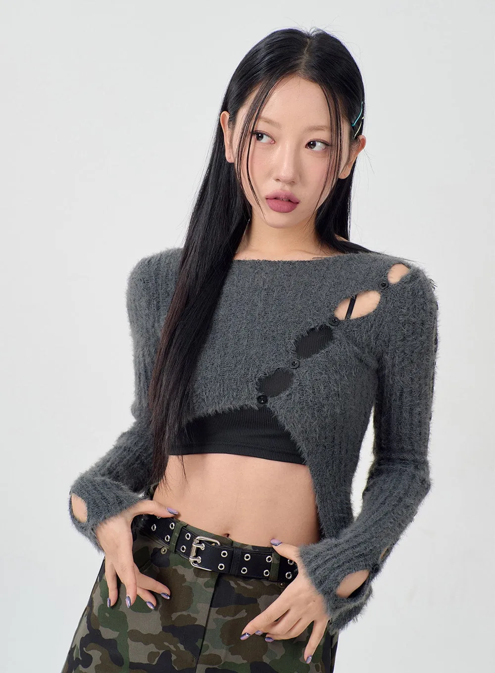 Cut Out Button Sleeve Cropped Knit Top BD23