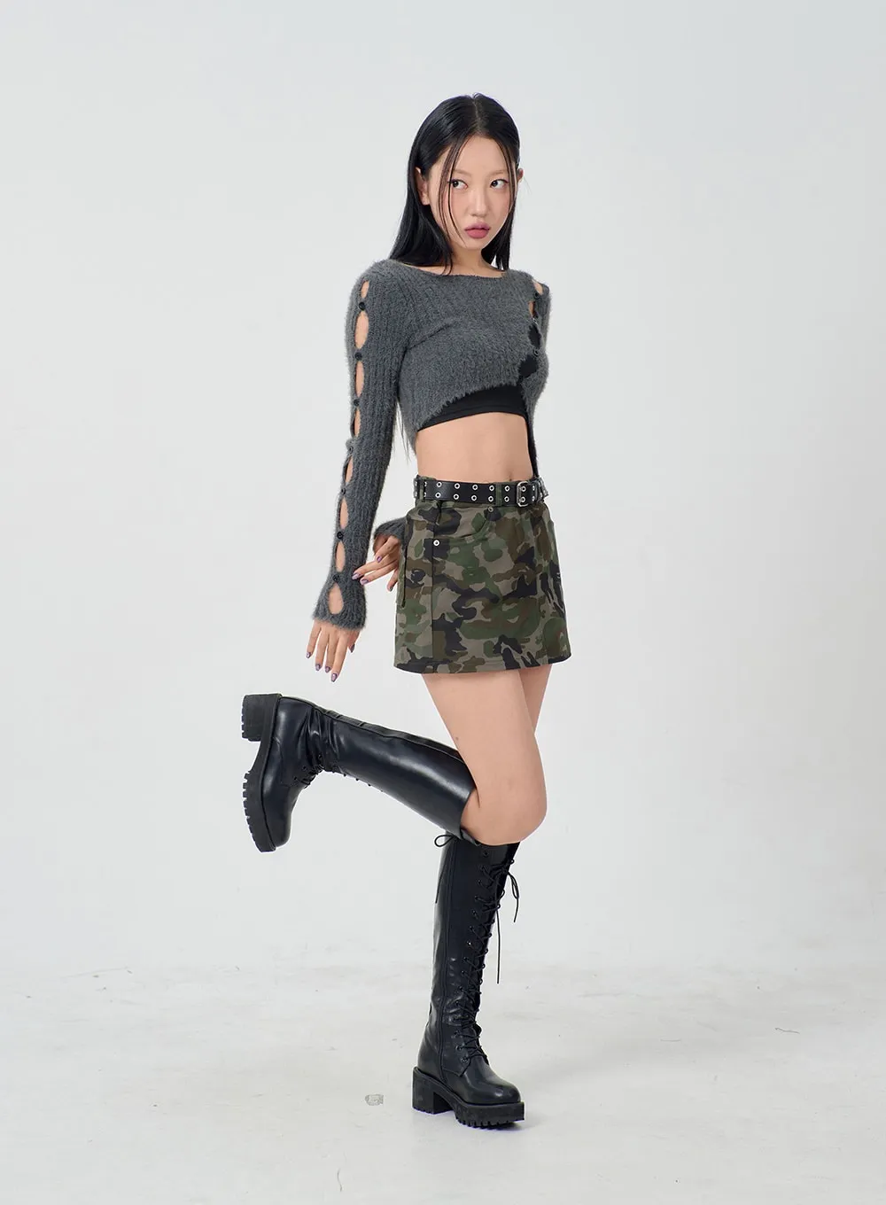 Cut Out Button Sleeve Cropped Knit Top BD23