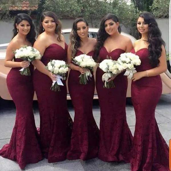 Elegant Sweetheart Lace Plus Size Mermaid Cheap Long Burgundy Bridesmaid Dresses