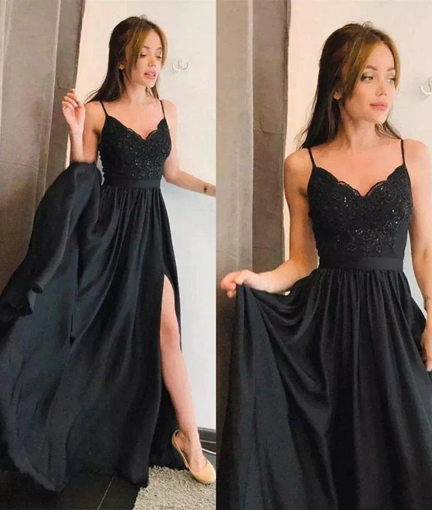 Evening Dresses Straps V Neck Lace Prom Dresses Side Slit