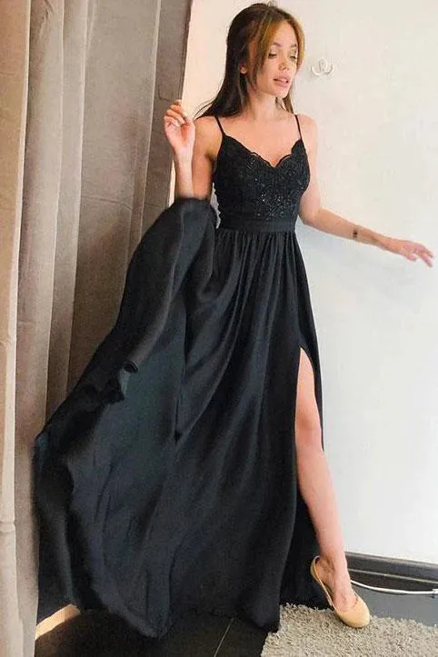 Evening Dresses Straps V Neck Lace Prom Dresses Side Slit