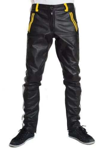 Faux Leather Side Colored Stripe Black Pants