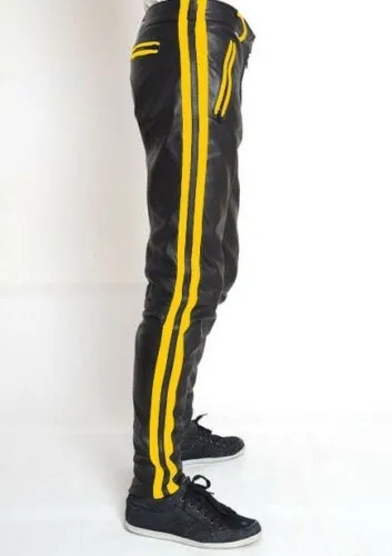 Faux Leather Side Colored Stripe Black Pants