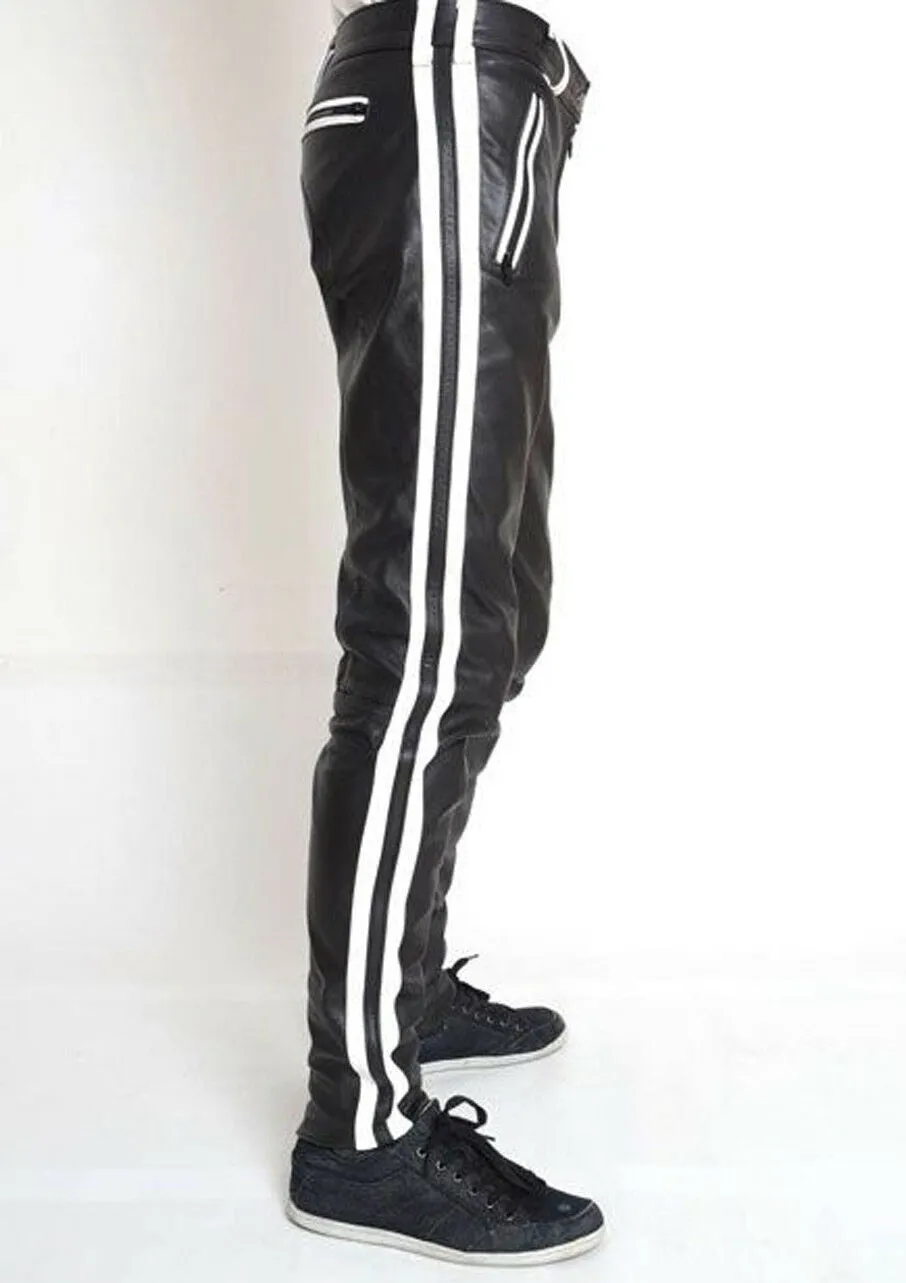 Faux Leather Side Colored Stripe Black Pants