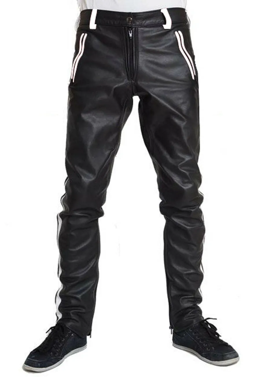 Faux Leather Side Colored Stripe Black Pants
