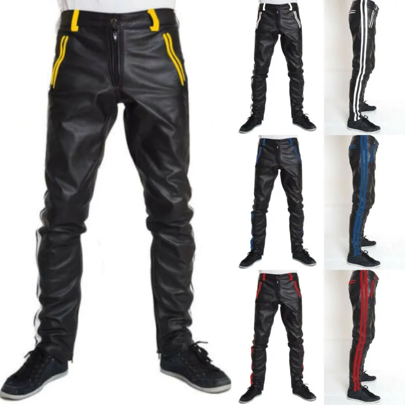 Faux Leather Side Colored Stripe Black Pants