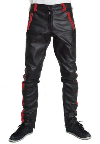 Faux Leather Side Colored Stripe Black Pants