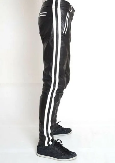 Faux Leather Side Colored Stripe Black Pants