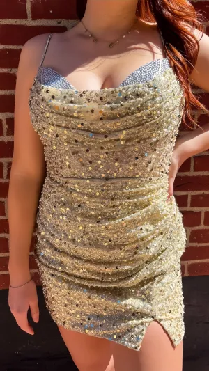 Gold Sequin Tight Homecoming Dresses Beaded Short Dress, LTP3353