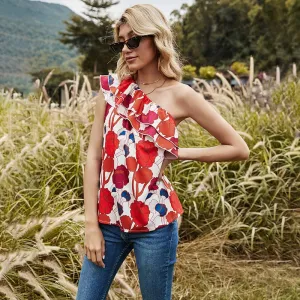 Slanted shoulder open back smocked top