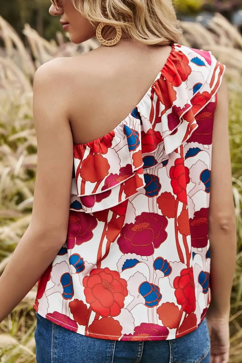 Slanted shoulder open back smocked top